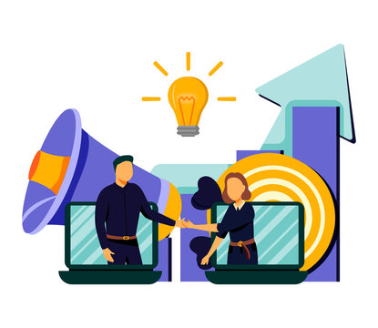 Businessmen Handshake From Laptops And Megaphone. Collaboration And Communication, Corporate And Cooperative Business Concept On White Background. Living Coral Blue Vector Isolated Illustration