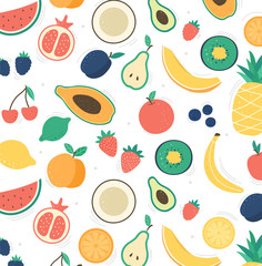 Natural tropical doodle fruits. Natural vitamins for a healthy lifestyle. Raw foodism or vegetetarian. Hand drawn trendy fruits set. Vegan kitchen. Colorful Flat Vector Illustration