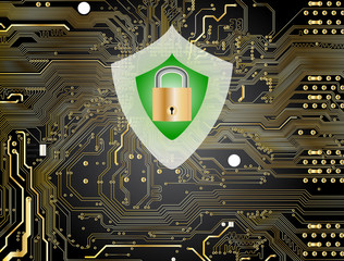 Vector illustration of Cyber Security showing motherboard, shield and padlock