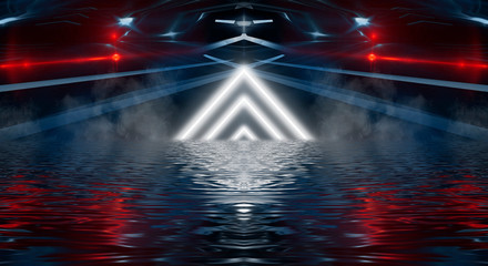 Light neon effect, energy waves on a dark abstract background with neon light, rays, spotlight, smoke. Reflection on the water. 3d illustration.