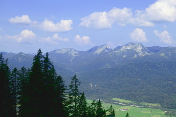 view over Isar valley to herzogtsand and Heimgarten summits, kruen, bavaria