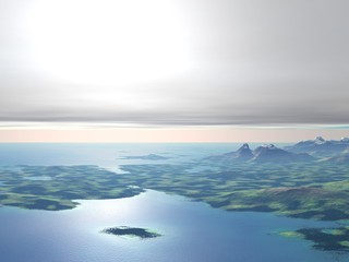 3D ilustration of mountain and sea landscape