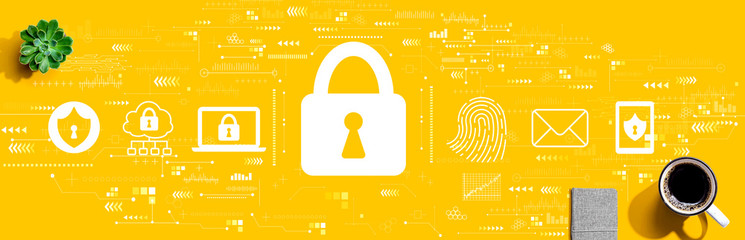 Internet network security concept with a cup of coffee and a notebook