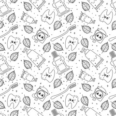 Vector seamless pattern - kawaii hand drawn dentist set objects. Cute doodle sketch with tooth, toothbrush, dental floss, mouthwash, toothpaste and mint leaves.