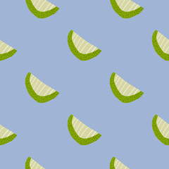 Simple minimalistic seamless pattern with clices forms. Green and light fruit shapes on blue background.