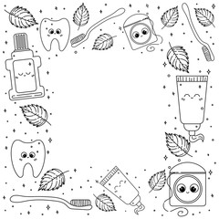 Dental frame of kawaii hand drawn dentist set objects. Cute doodle sketch with tooth, toothbrush, dental floss, mouthwash, toothpaste and mint leaves isolated on white background.