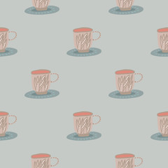 Pastel soft seamless tea cup pattern. Foliage ornament on dishes. Pink and blue light palette.