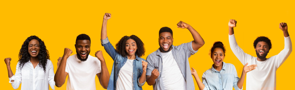Collage of happy black people celebrating success on yellow