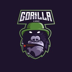 gorilla mascot logo design vector with modern illustration concept style for badge, emblem and t shirt printing. gorilla smoking illustration for e-sport team.