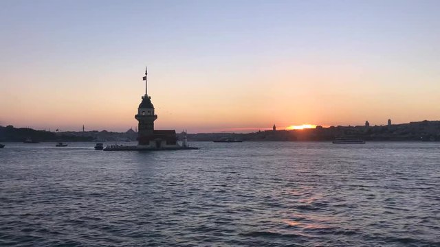 Istanbul Maiden Tower  Tower of Leandros, Turkish: Kiz Kulesi at sunset on the entrance to Bosporus Strait in Istanbul, Turkey.