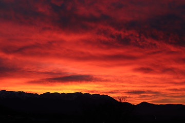 Amazing colorful sunset in the mountains