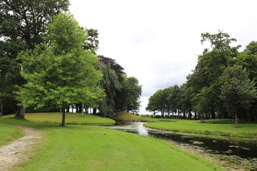City park on a cloudy day. With a view over the pond and beautiful old trees.