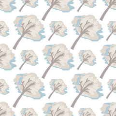 Isolated seamless hand drawn pattern with light pastel tree silhouettes. White background.