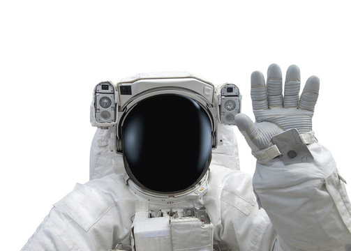 Astronaut In Spacesuit Raise Hand As Greeting