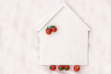 Homegrown concept: cherry tomatoes on white house blank empty space on white cloth background