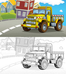 cartoon sketch construction site car on city street illustration