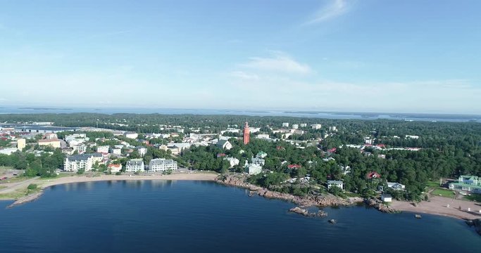 Aerial panorama of the coast of Hanko city. Sunny summer morning. Finland.	