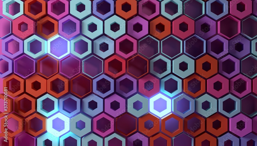 Poster background with colorful hexagons, wallpaper design. 3d render / rendering.