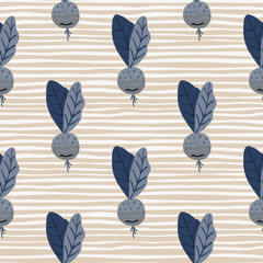 Navy blue radush silhouettes simple seamless pattern. Light stripped background. Stylized food print.