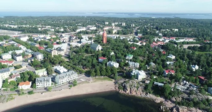 Aerial view of the coast of Hanko from the East Bay. Sunny summer morning. Finland.	