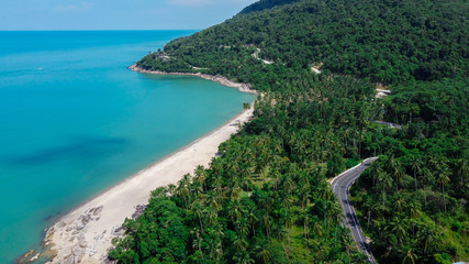 Aerial view of road and beach between Khanom and Sichon, Nakhon Si Thammarat, Thailand