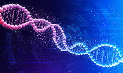 Genetics and biotechnology. Double DNA spiral on blue background, creative illustration