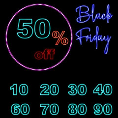 LED light offer template for discount on sale of 50% on black background. Black Friday. Vector illustration.