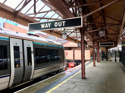 Birmingham, UK: May 02, 2018: Way Out Sign At Moor Street Railway Station. The Station Is Managed By Chiltern Railways.