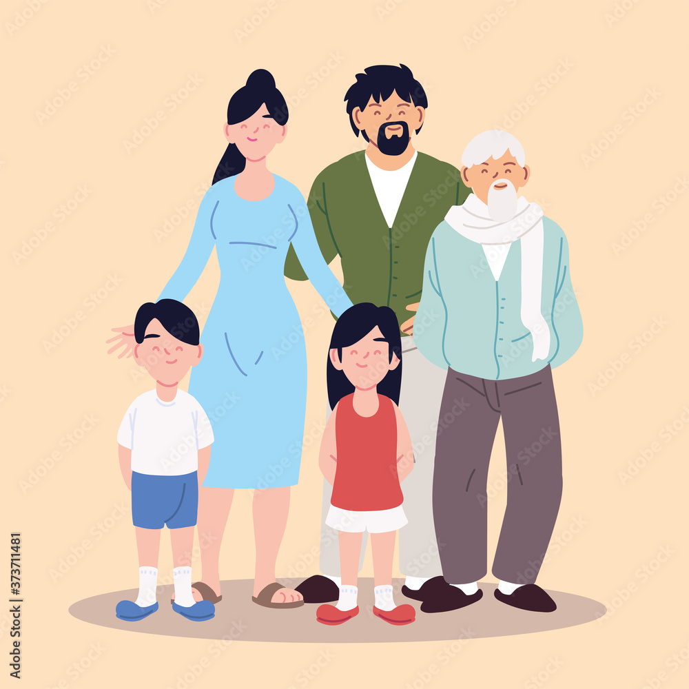 Poster big family, parents, grandfather and children