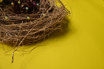 Many sewing push pins were put nest isolated on colorful background. 