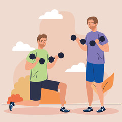 men doing exercises with dumbbells, sport recreation exercise vector illustration design