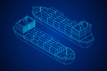 Heavy dry cargo ship of bulk carrier with freight containers. Wireframe low poly mesh vector illustration.