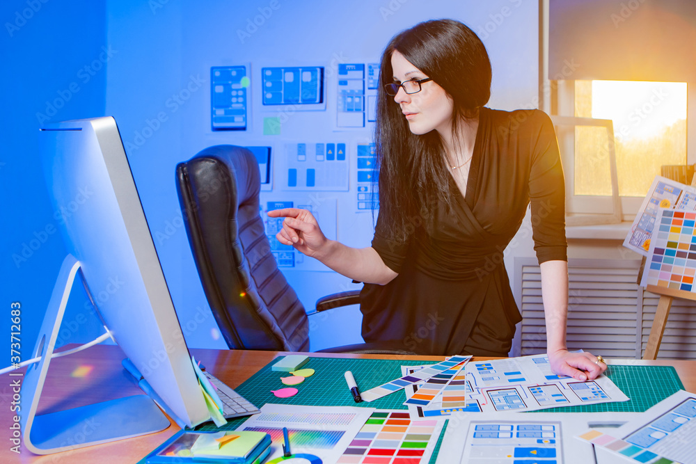 Poster a girl selects a color solution for the program of ordering products. mobile app designer. applicati