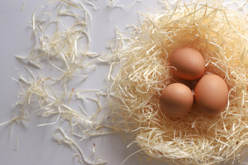 Chicken eggs lie in the hay top view.