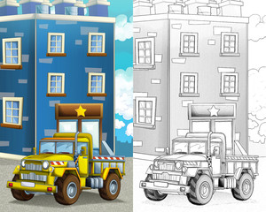 cartoon sketch construction site car on city street illustration