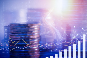 Double exposure of city and rows of coins for money, finance and business concept of teamwork and partnership. ECN Digital economy, best, passive income. Forex trading candlestick chart economic. 