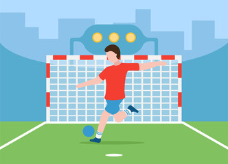 Fototapeta premium Vector football concept. Healthy lifestyle. Energetic sports. A man in a huge stadium in sportswear swings his leg and kicks a soccer ball into the goal. Professional game.