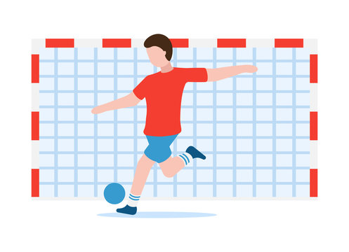 Vector football concept. Healthy lifestyle. Professional sports. A man in sportswear swings his leg and kicks a soccer ball into the goal. Can be used on websites and web banners.