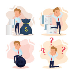 set scenes, elegant business men worried vector illustration design