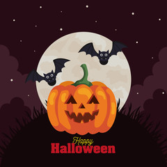 happy halloween banner with pumpkin, bats flying and moon in dark night vector illustration design