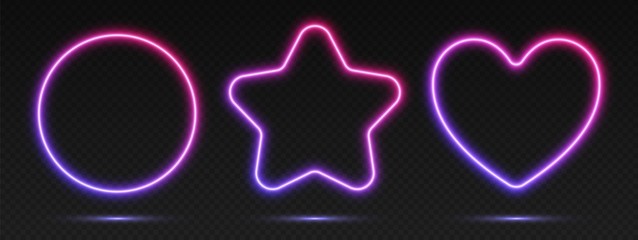 Neon gradient frames set, collection of blue-pink glowing borders isolated on a dark background. Colorful night banners, vector light effect. Circle, star, and heart, bright illuminated shapes.