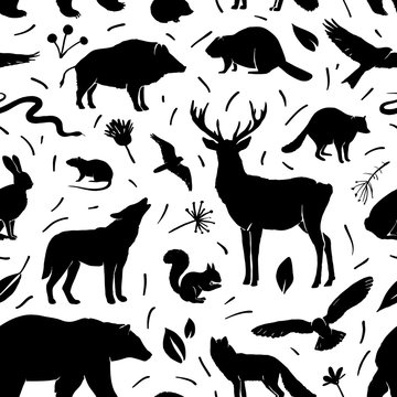Vector silhouette animals seamless pattern. Deer, hare, fox, hedgehog, squirrel, wolf, bear, snake, beaver, raccoon, mouse, wild boar and birds. Black silhouettes animals isolated on white