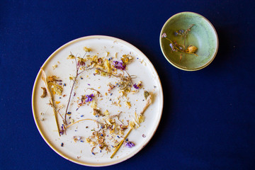 Autumn dried plants and flower on the plate on the blue background