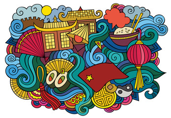 China hand drawn cartoon doodles illustration. Funny travel design.