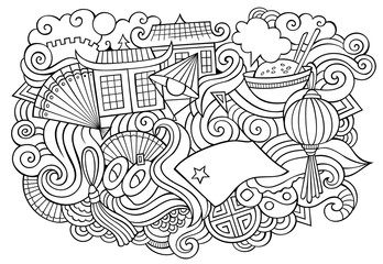 China hand drawn cartoon doodles illustration. Funny travel design.