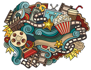 Naklejka premium Cinema hand drawn cartoon doodles illustration. Funny movie design.