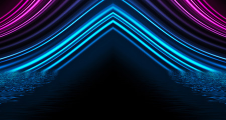 Light neon effect, energy waves on a dark abstract background with neon light, rays. Reflection on the water. 3d illustration.