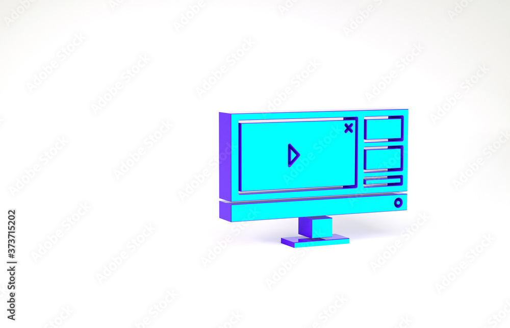 Poster turquoise video recorder or editor software on computer monitor icon isolated on white background. m