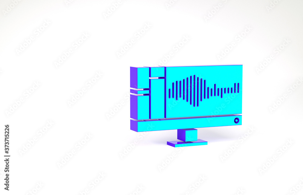 Poster turquoise sound or audio recorder or editor software on computer monitor icon isolated on white back
