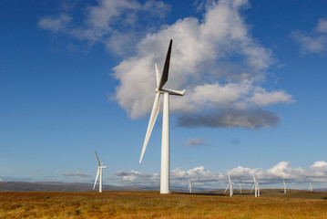 Alternative energy windfarm in Wales. Numerous turbines facing the wind on a hillside in Wales - UK